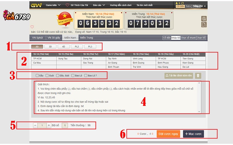 Cách xem giao diện đặt cược xổ số miền nam tại GA6789