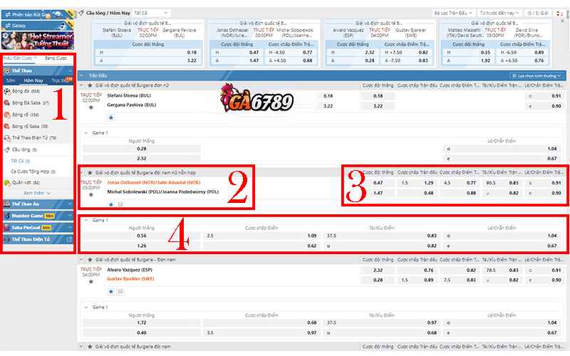 Giao diện cá cược cầu lông tại GA6789